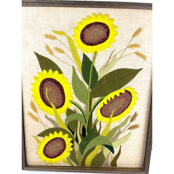 VTG Crewel Floral Sunflowers Needlepoint Framed 70's Fiber Wall Art 26"x32" - Picture 2 of 15